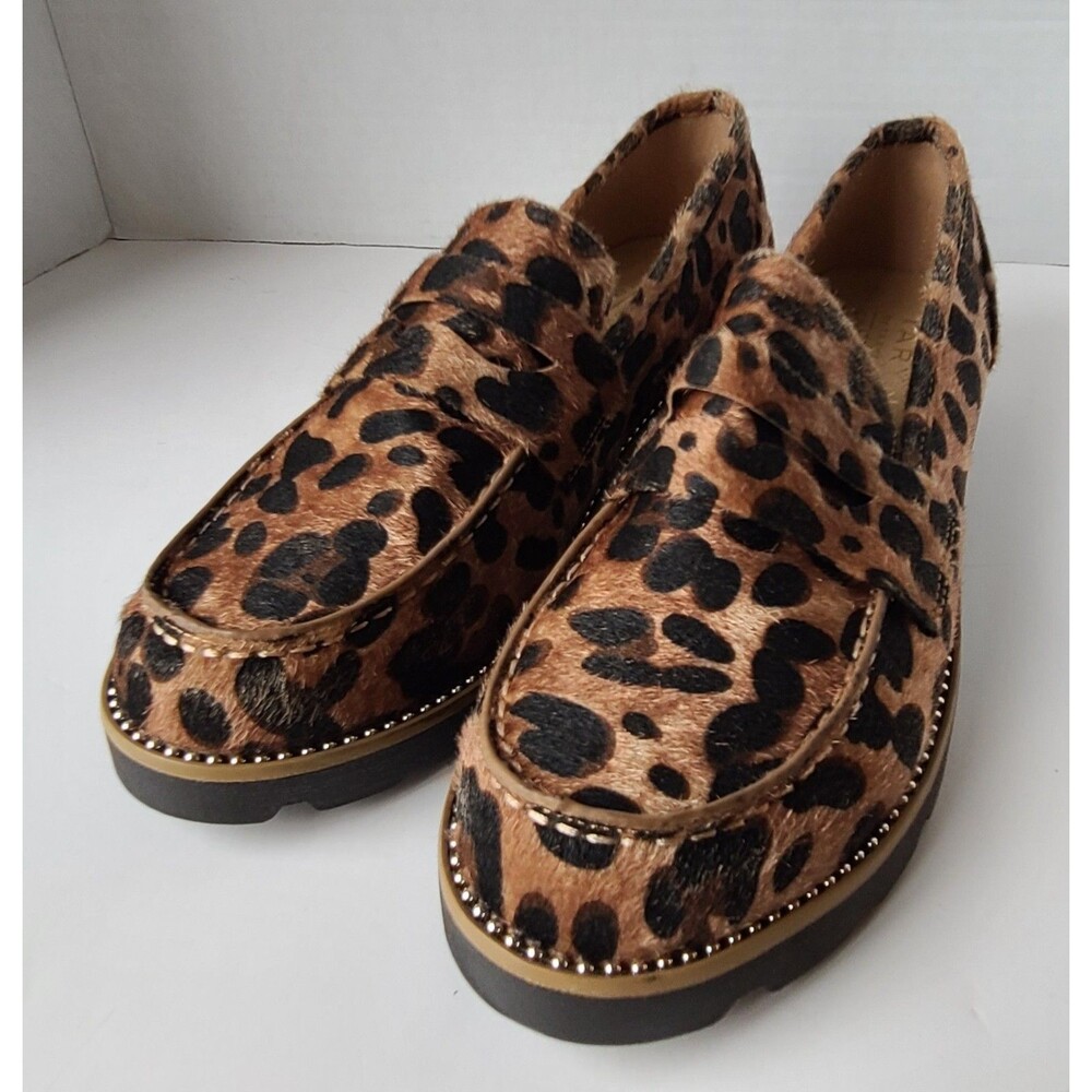 Taryn Rose Womens 7.5 Leopard Print Haircalf Penny Loafers Lug Sole Shoes